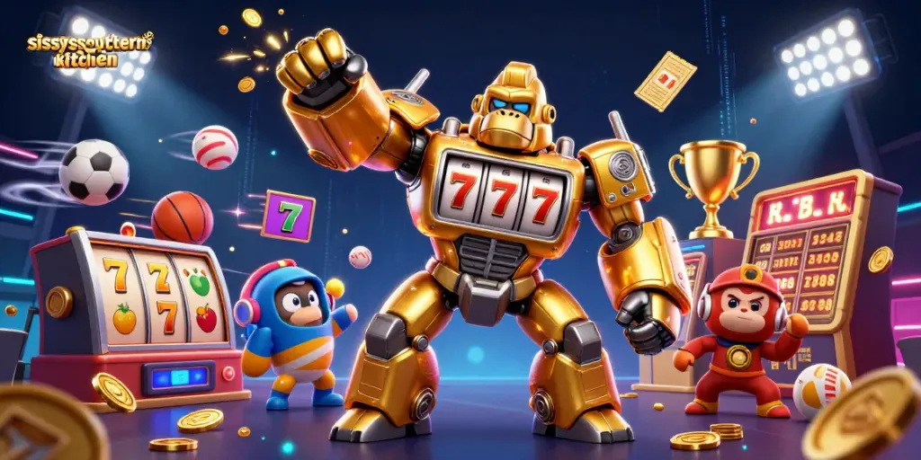 Sissyssouthernkitchen showcases a vibrant 3D casino scene with a golden gorilla mech winning big.