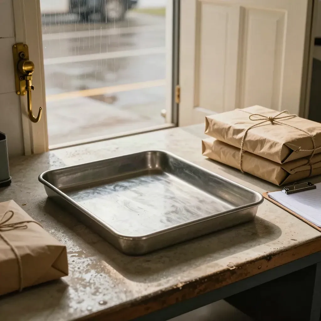 Trays postales, paquetes y una puerta abierta tras la lluvia en un área de trabajo luminosa.
