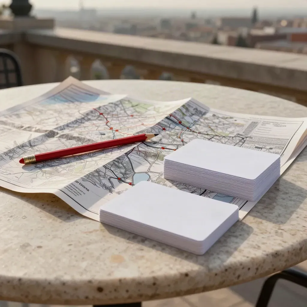Mapa de Madrid, lápiz rojo y tarjetas de preguntas sobre mesa de piedra al atardecer.