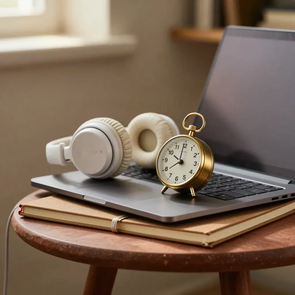 Cerrado portátil, auriculares, libreta y temporizador sobre una mesa lateral cálida.