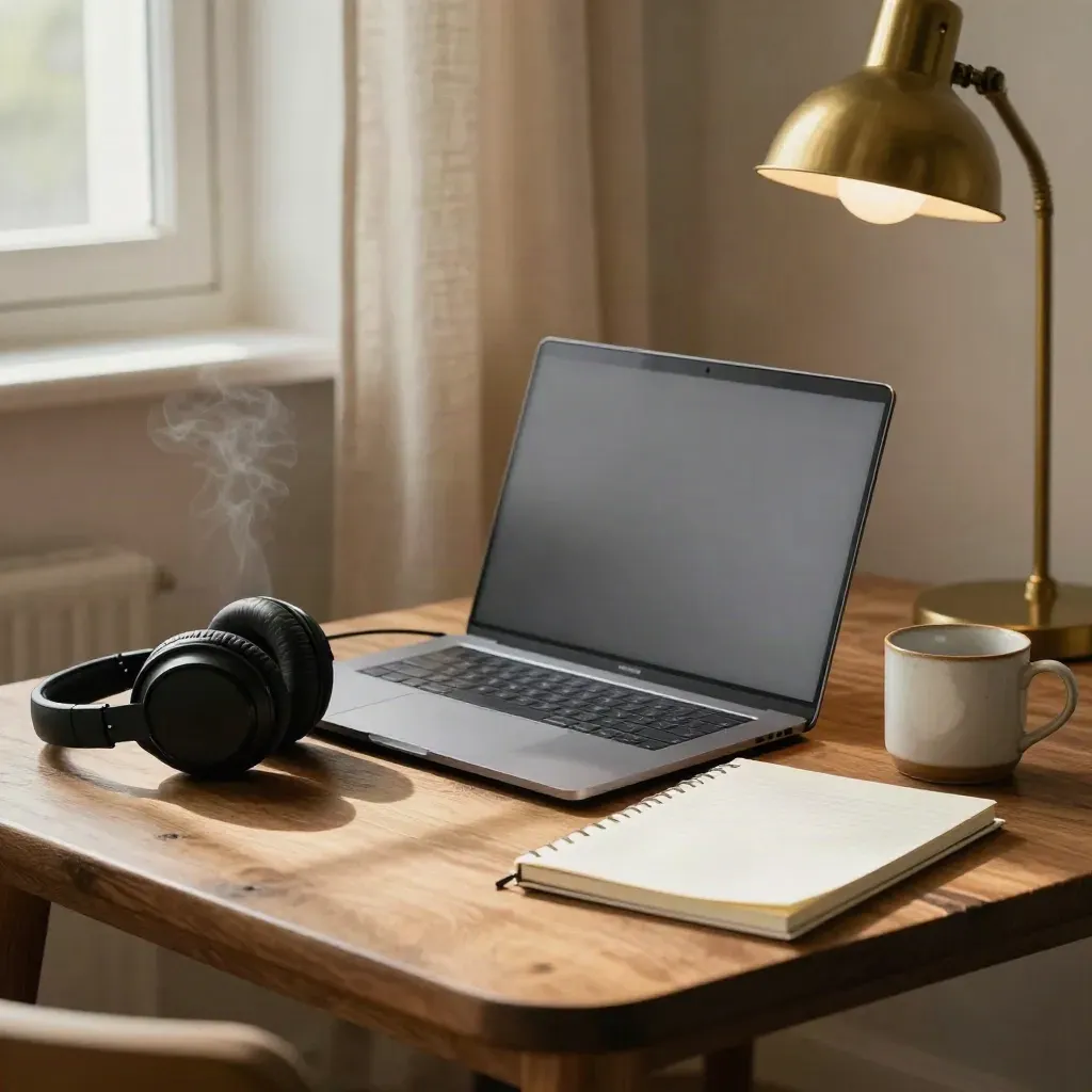 Portátil cerrado, auriculares y cuaderno junto a una lámpara cálida en un rincón de estudio.