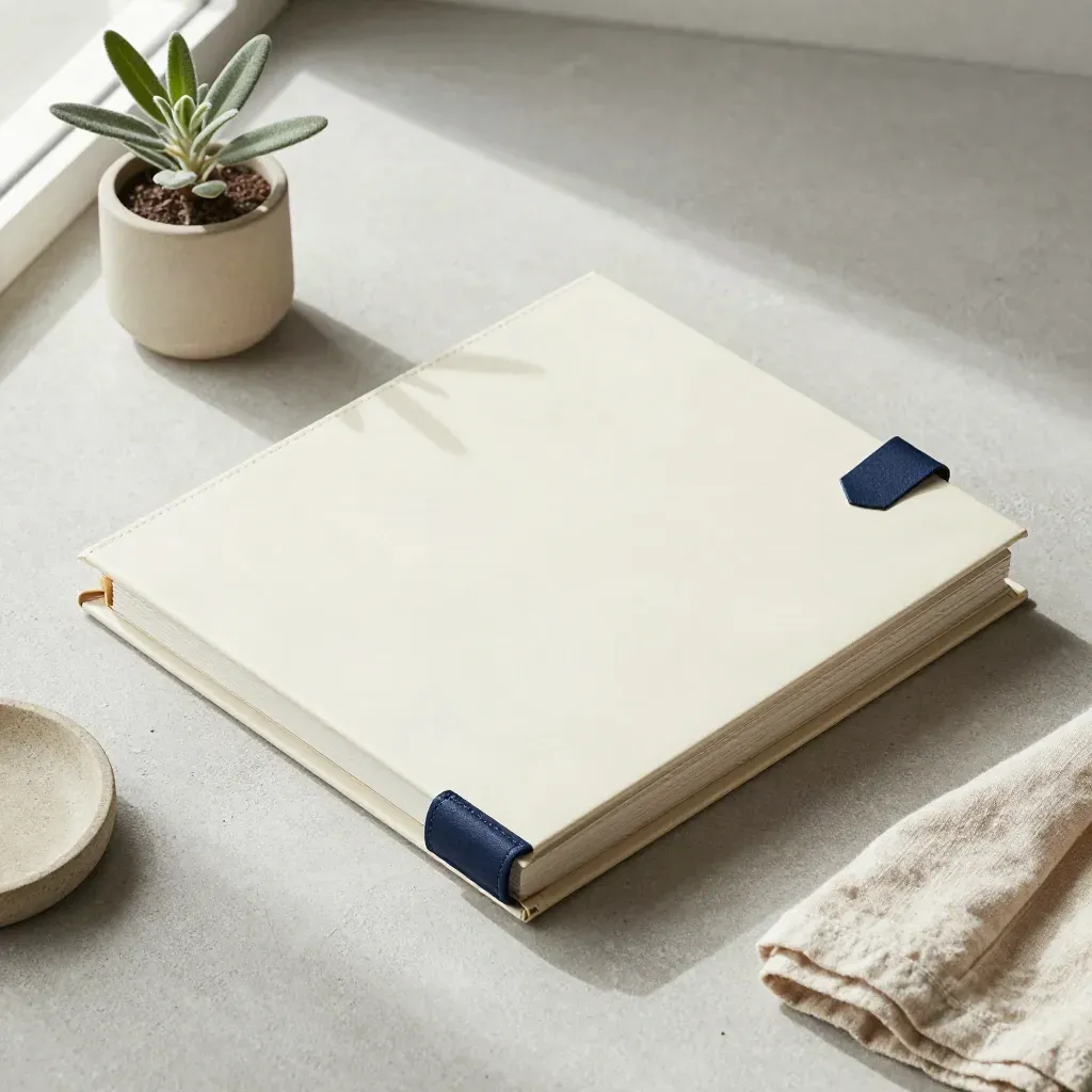 Carpeta crema con separadores, planta, lino y cerámica sobre concreto claro.