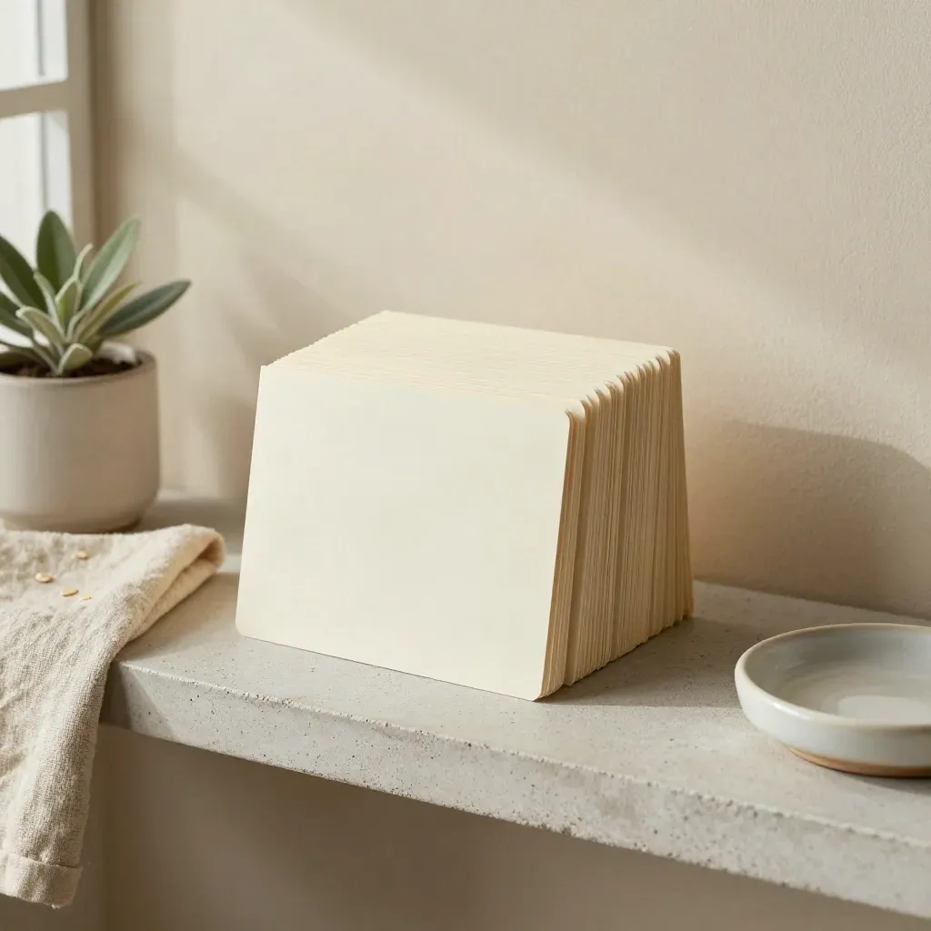 Tarjetas crema en abanico, planta pequeña, lino y cuenco cerámico sobre repisa de piedra.