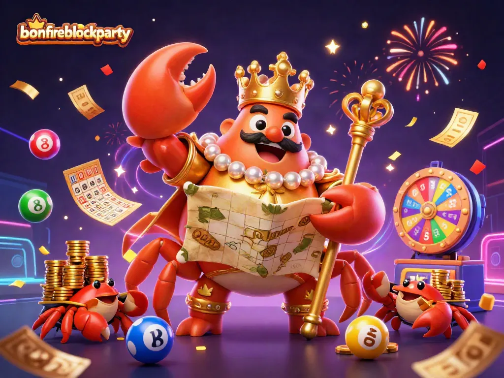 Experience the bonfireblockparty with a dynamic illustration full of casino excitement, featuring games and confetti.