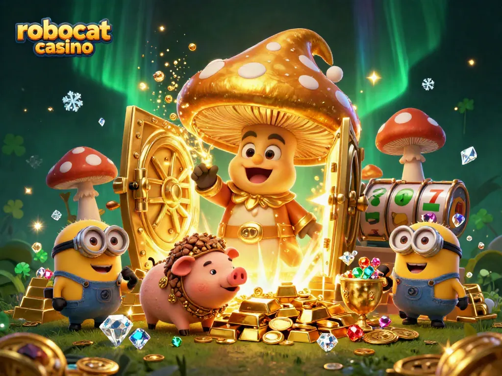 Experience the magic of robocat casino with a whimsical illustration showing golden treasures and characters capturing winning moments.